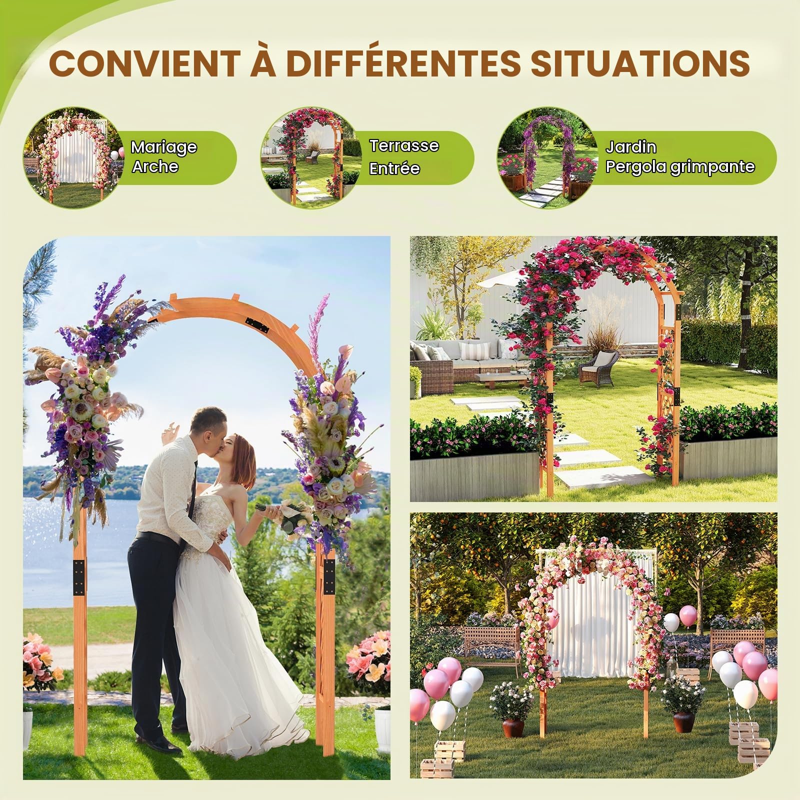 RELAX4LIFE 2,3M Arche de Jardin en Bois avec Treillis pour Plantes Grimpantes & Rosiers & Vignes, Pergola d'escalade pour Décoration Pelouse Arrière-Cour, 160 x 60 x 217cm (132x45.5x235cm)