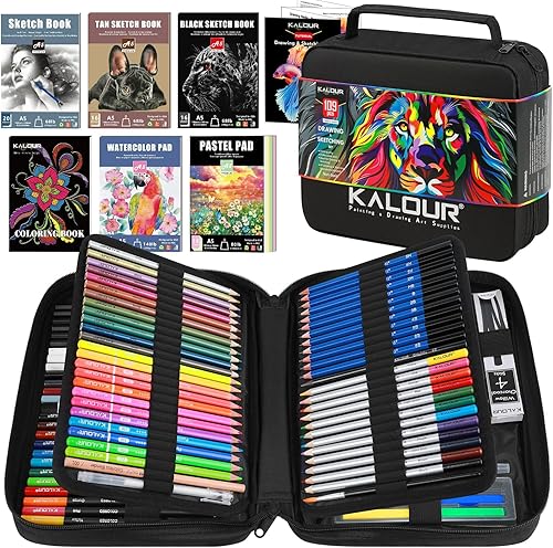 Kit de dibujo de 109, suministros de arte profesional con fluorescente, de colores, acuarela, metálico, grafito, lápices de carbón, 5 cuadernos de