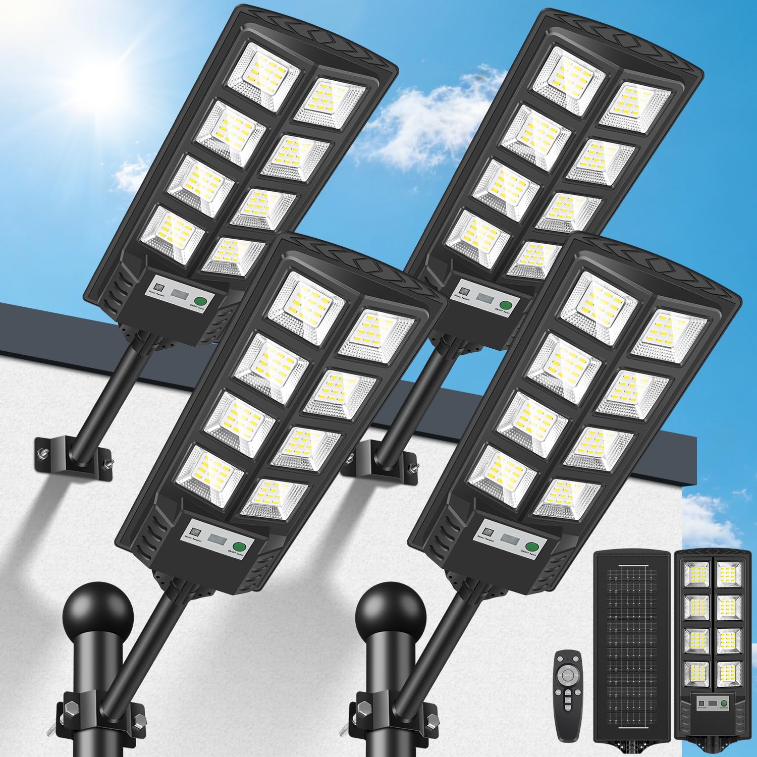Farolas Solares Exteriores, 600W Potente Luz Solare Exterior con Sensor de Movimiento,Control Remoto, 6500K LED Focos Solares Exterior Impermeable Lampara Solar para Jardín Garaje, 4 Paquete