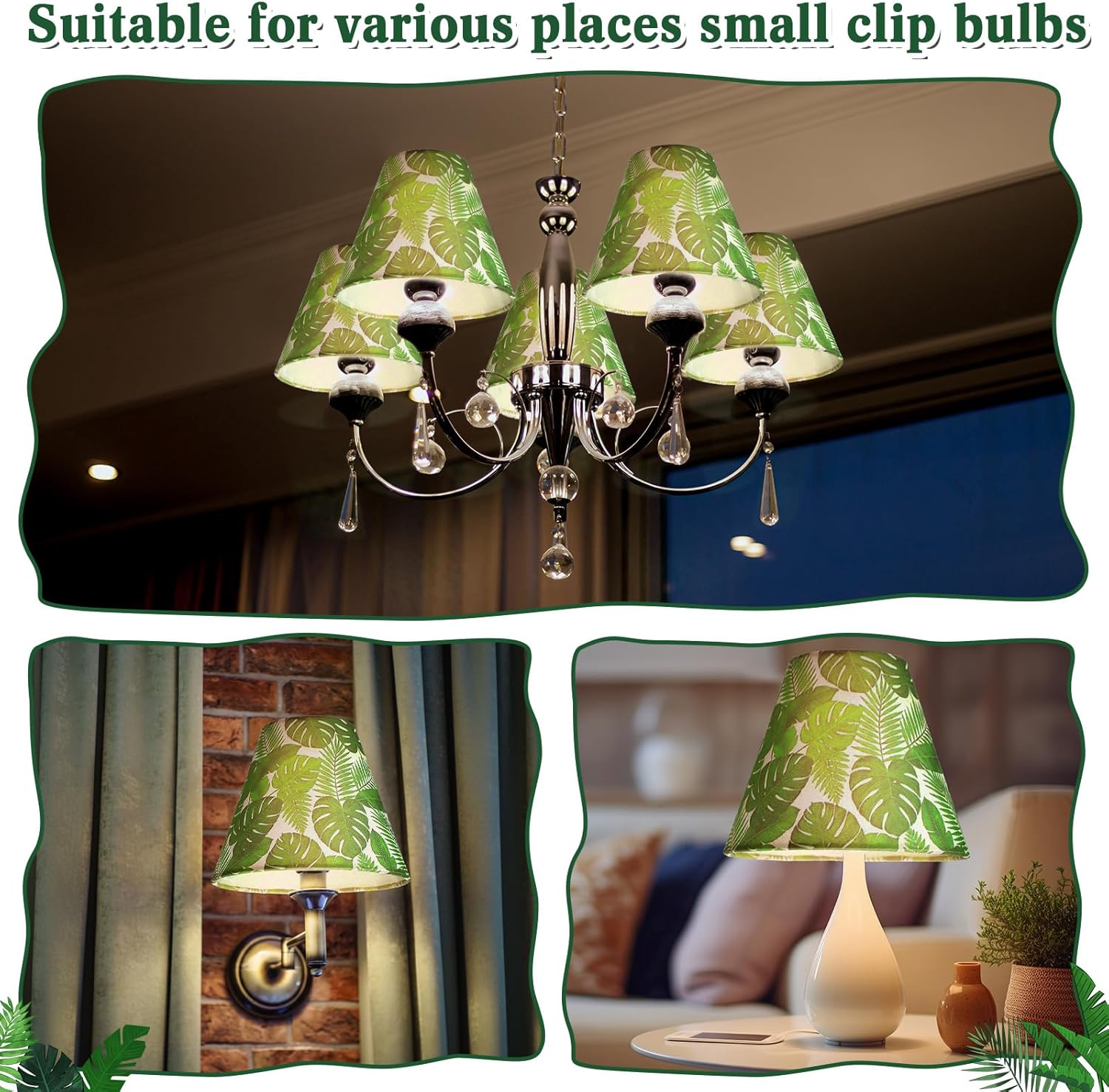 VIHOSE 6 Pcs Chandelier Lamp Shades Small Lamp Shade 3" Top x 6'' Bottom x 5'' Slant Tropical Leaf Hawaii Toile Green Clip on Lampshade for Wall Sconces Pendant Lighting