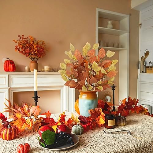 Miniatura 3 de Tallos de hojas de abedul artificiales de otoño, 2 paquetes de arreglo de follaje de otoño sintético de 19.6 pulgadas, plantas falsas con ramas,