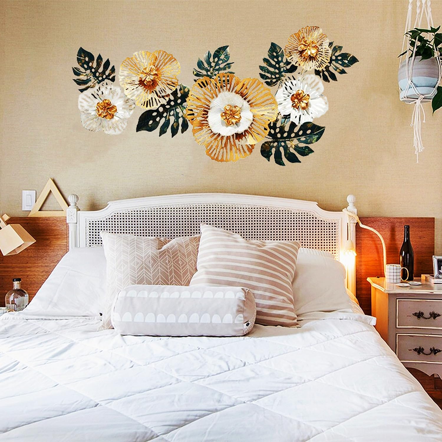 Escultura de Pared, Arte de Pared, decoración de Pared de Flores de Metal, Grandes Hojas Doradas, decoración Floral de Metal Hecha a Mano, decoración de Pared Colgante 3D para el h