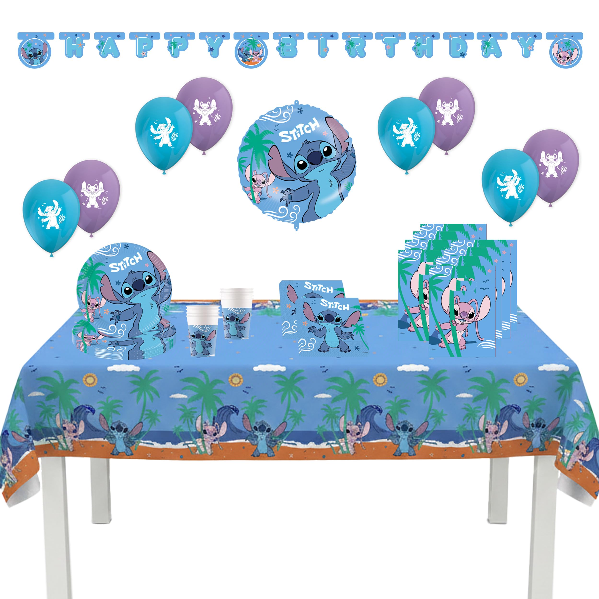 Procos - Decorazione di compleanno Stitch, set da 55 pezzi, contiene 8 piatti di carta, 8 bicchieri di carta, 20 tovaglioli, tovaglia, ghirlanda, 8 palloncini, palloncino in foil, 8 sacchetti