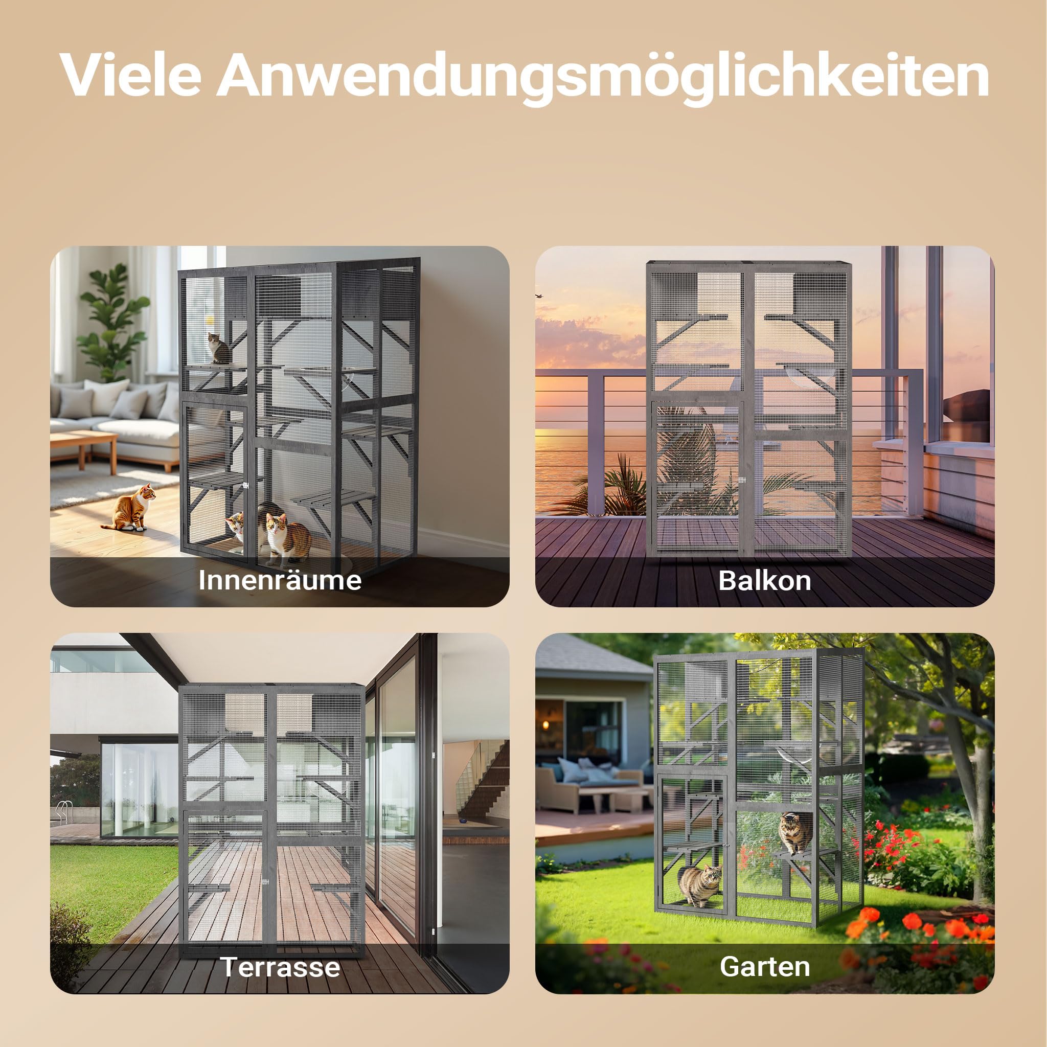 Wiltec Freilaufgehege Katzen 116 x 82 x 175,7 cm, Katzenfreigehege Holz mit PVC-Beschichtung, Außengehege 5 Ebenen, Katzengehege für Garten, Balkon