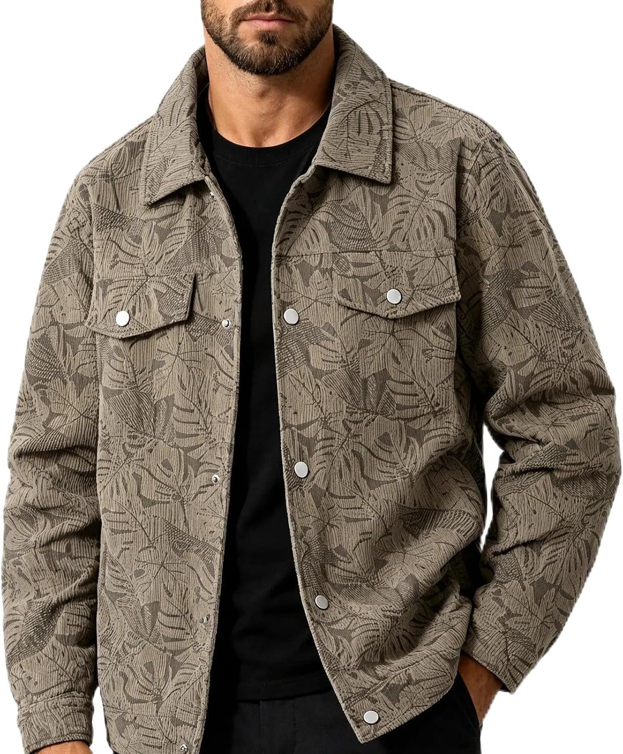Men's Jacket Leaf Print Collared Snap Front Retro Padded Short Coat