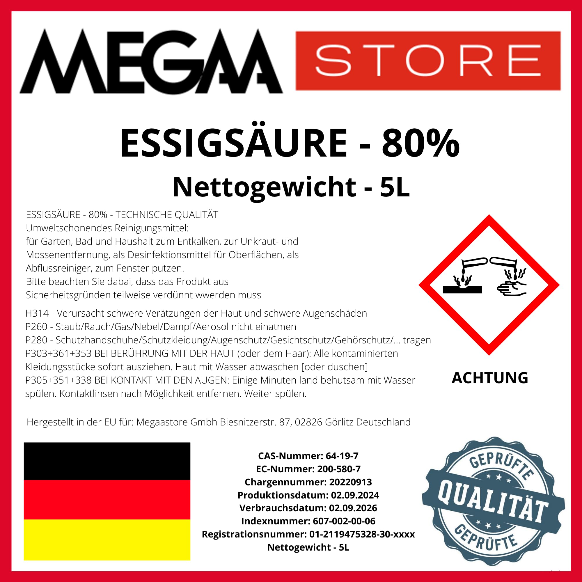Megaastore Essigsäure 80% (E260) (UN2790) | Ideal als Reiniger und Entkalker für Haus und Terrase | 10 Liter
