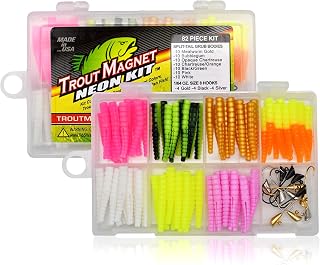 Trout Magnet 82-Piece Neon Fishing Kit: 70 Grub Bodies & 12 Size 8 Hooks - Ultimate Trout Lure for Panfish & Bass