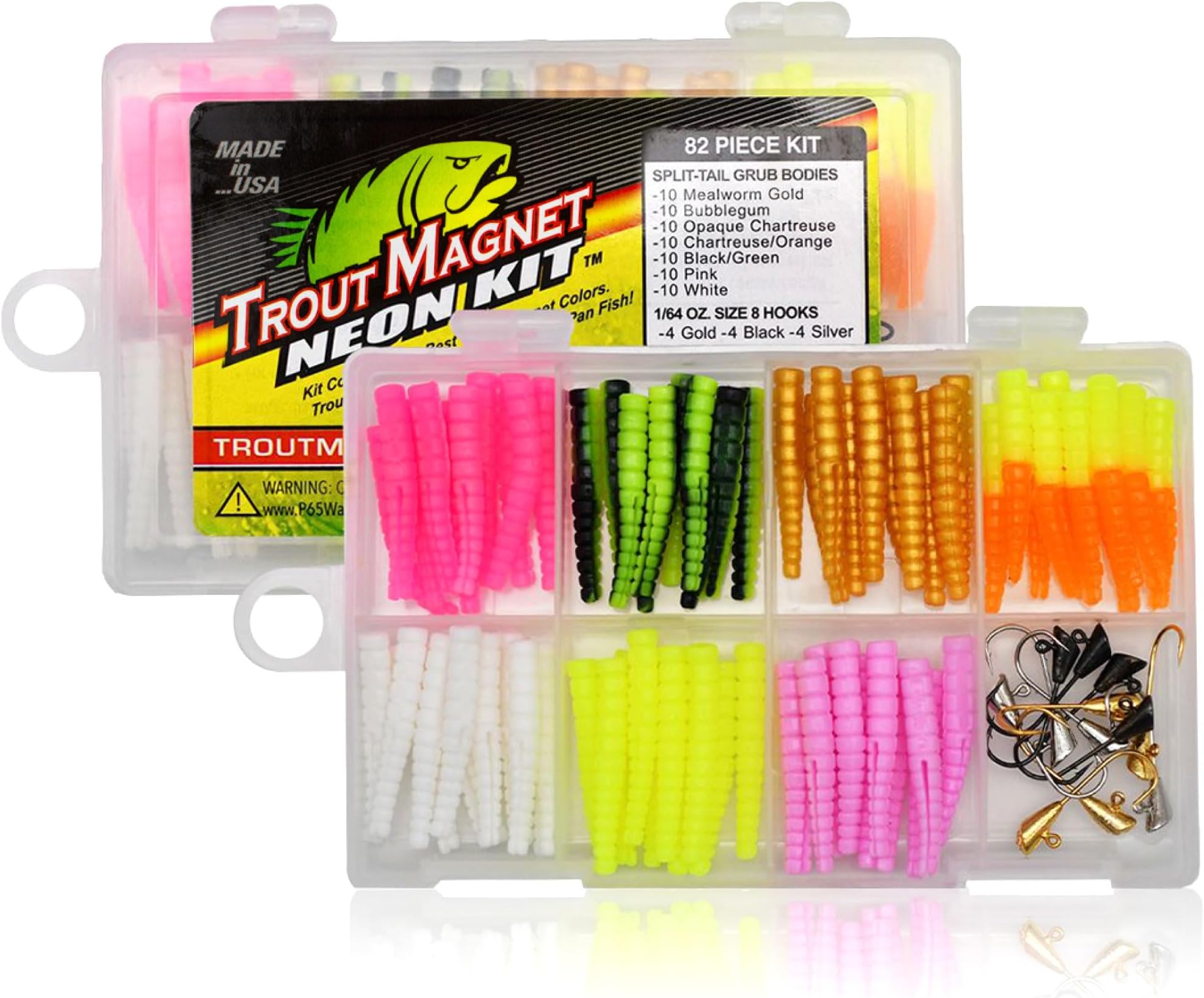 82-Piece Neon Fishing Gear Kit, Includes 70 Grub Bodies Trout Bait and 12 Size 8 Hooks