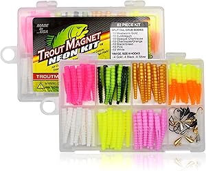 Trout Magnet 82-Piece Neon Fishing Gear Kit, Includes 70 Grub Bodies Trout Bait and 12 Size 8 Hooks