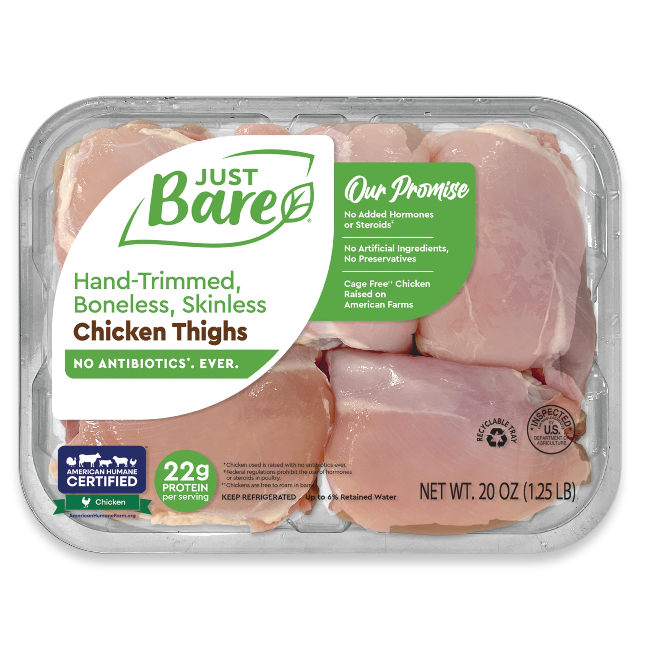 Just Bare® Chicken Natural Fresh Chicken Thighs | Antibiotic Free | Boneless | Skinless | 1.25 LB