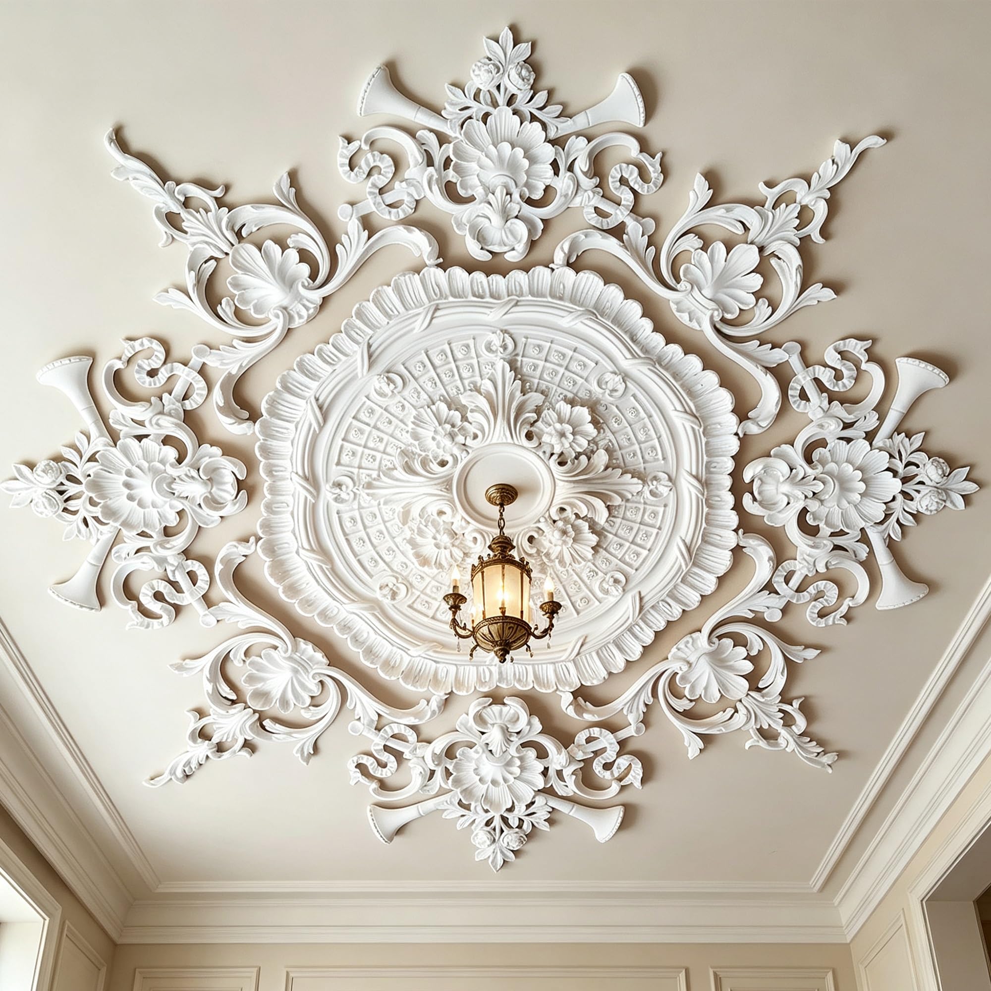 120cm Rosone Lampadario Soffitto Bianco Polistirolo Decorativo | Medaglione del Ventilatore Rotonda Moderno per Pareti Portalampada