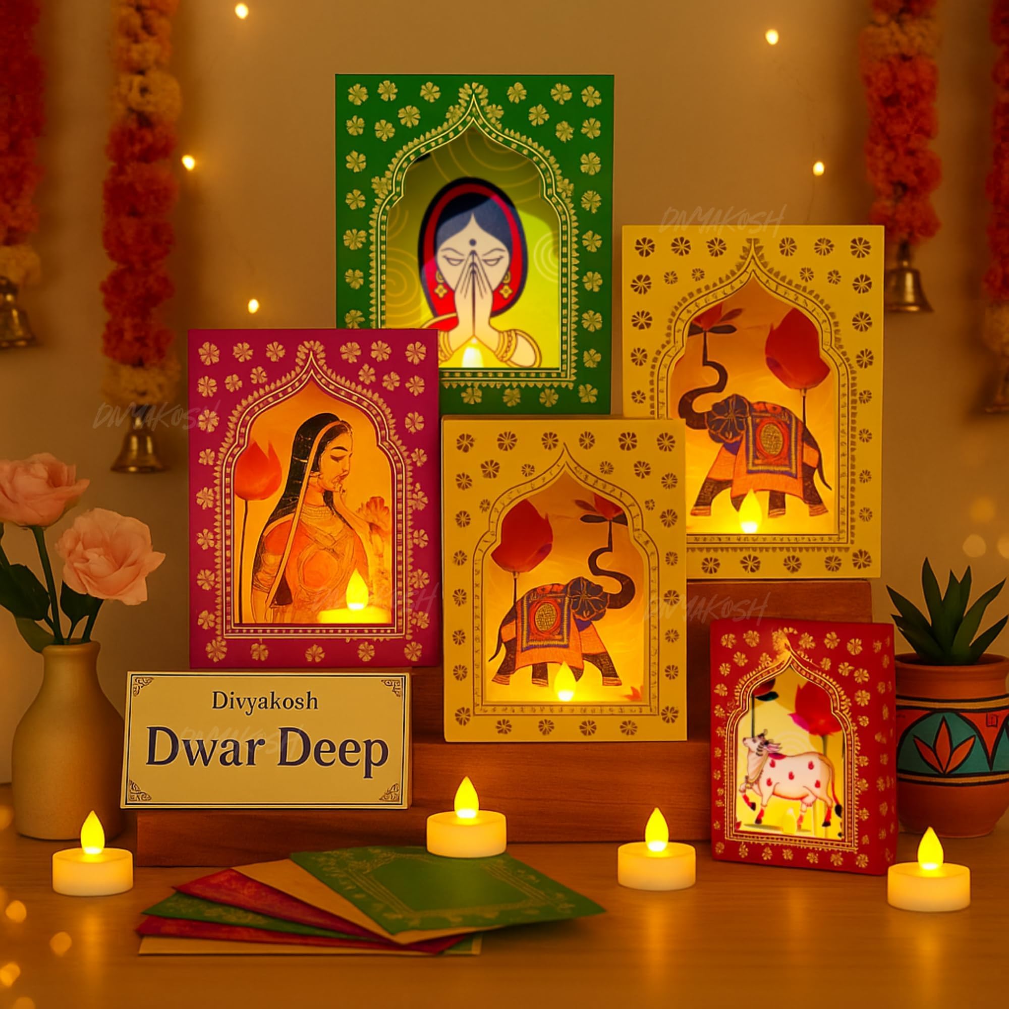 Divyakosh Paper Deep Dwar (Pack of 5) with LED Candles | Jharokha Style Home Décor Item, Ganpati Diwali Decor, Pooja/VAR Laxmi Decoration | Wall Decor, Stairs Decoration, Easy DIY Craft |, Assorted