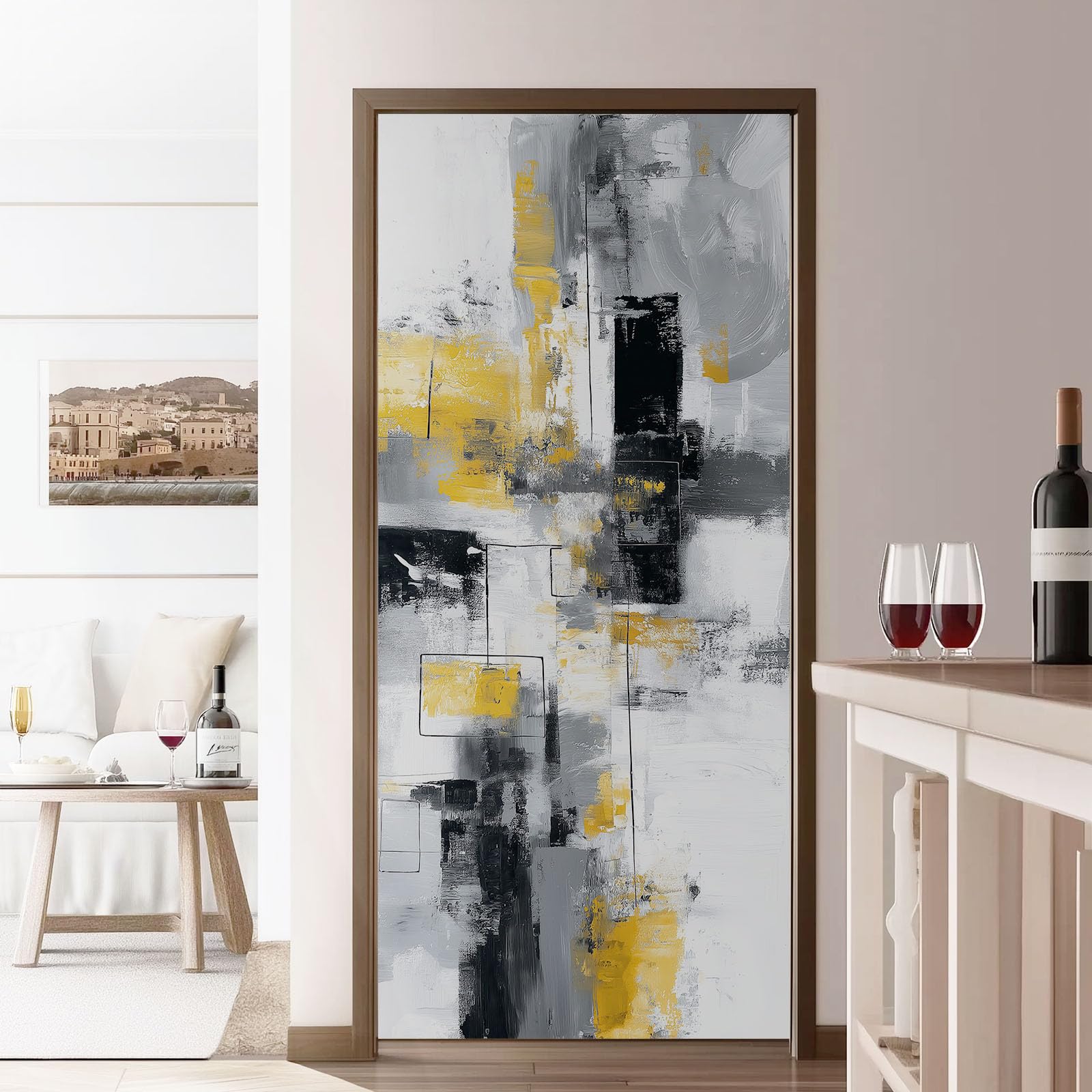 Geometryczna abstrakcyjna naklejka na drzwi - samoprzylepny plakat ścienny bloki linie graffiti zdejmowalna szara tapeta artystyczna do sypialni salon łazienka kuchnia, 80x210 cm