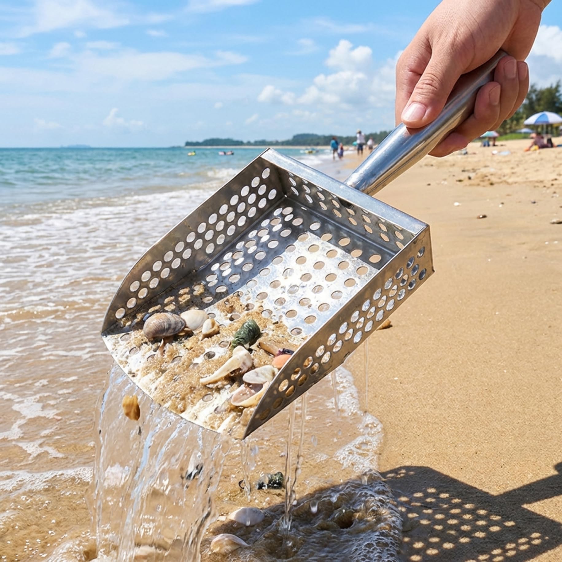 Paletta per Sabbia per rilevamento Metalli, setaccio da Spiaggia in Acciaio Inossidabile Resistente con Manico, rastrello antipulci e setaccio da Roccia per Caccia al Tesoro subacqueo