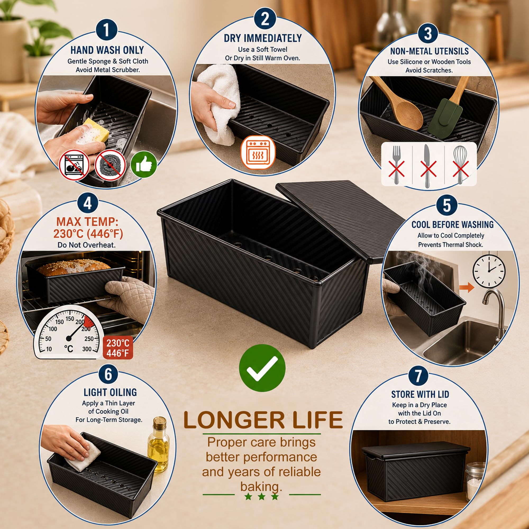 Pullman - Molde para pan con tapa, bandeja para pan Pullman con tapa de 13 x 4, capacidad de masa de 2.2 libras y 0.45 libras, paquete de 2 sartenes antiadherentes de superficie corrugada,