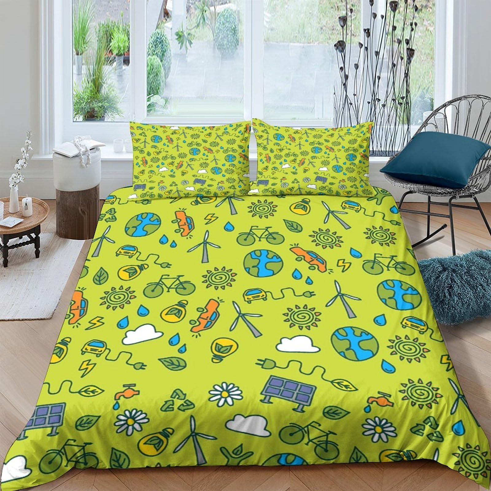 Ctjqhvkz Style-4 3D Printed Nature Doodle Fitted Sheet Microfiber Soft Anti-Slip Green Earth Theme Mattress Cover For Bedroom Dorm Easy Care Single（135X200cm）