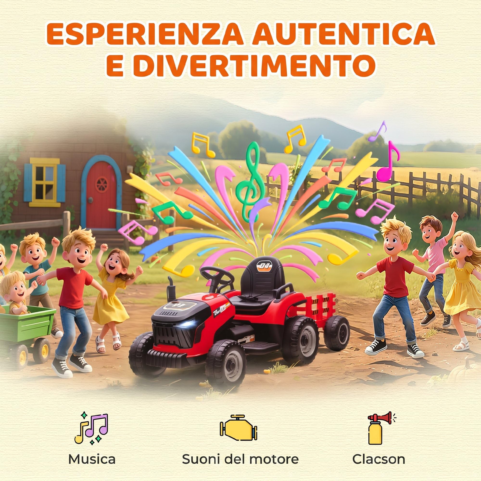 AIYAPLAY 2 in 1 Trattore Elettrico per Bambini 12V con Rimorchio Rosso | 3-8 Anni, Rimorchio Staccabile, Auto Elettrica Cavalcabile per Bambini, Telecomando, Cintura di Sicurezza, Musica, Luci LED