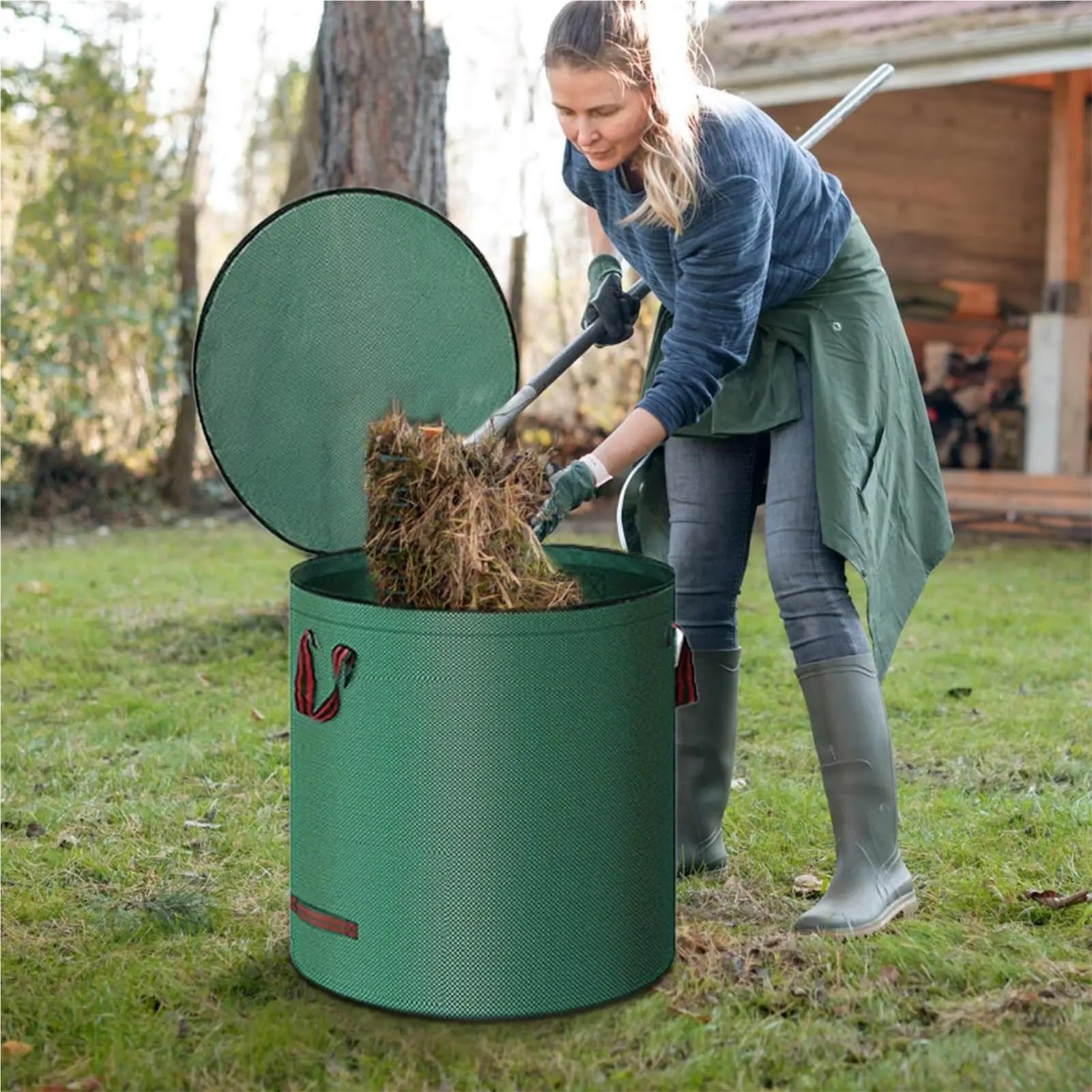 2 Stück Garten-Laubsack mit großer Kapazität, Sammelsack for Äste und Laub, dunkelgrün, PP-gewebt, wiederverwendbar, Pflanzenmüllsack Für Grünschnitt Laub(272L)