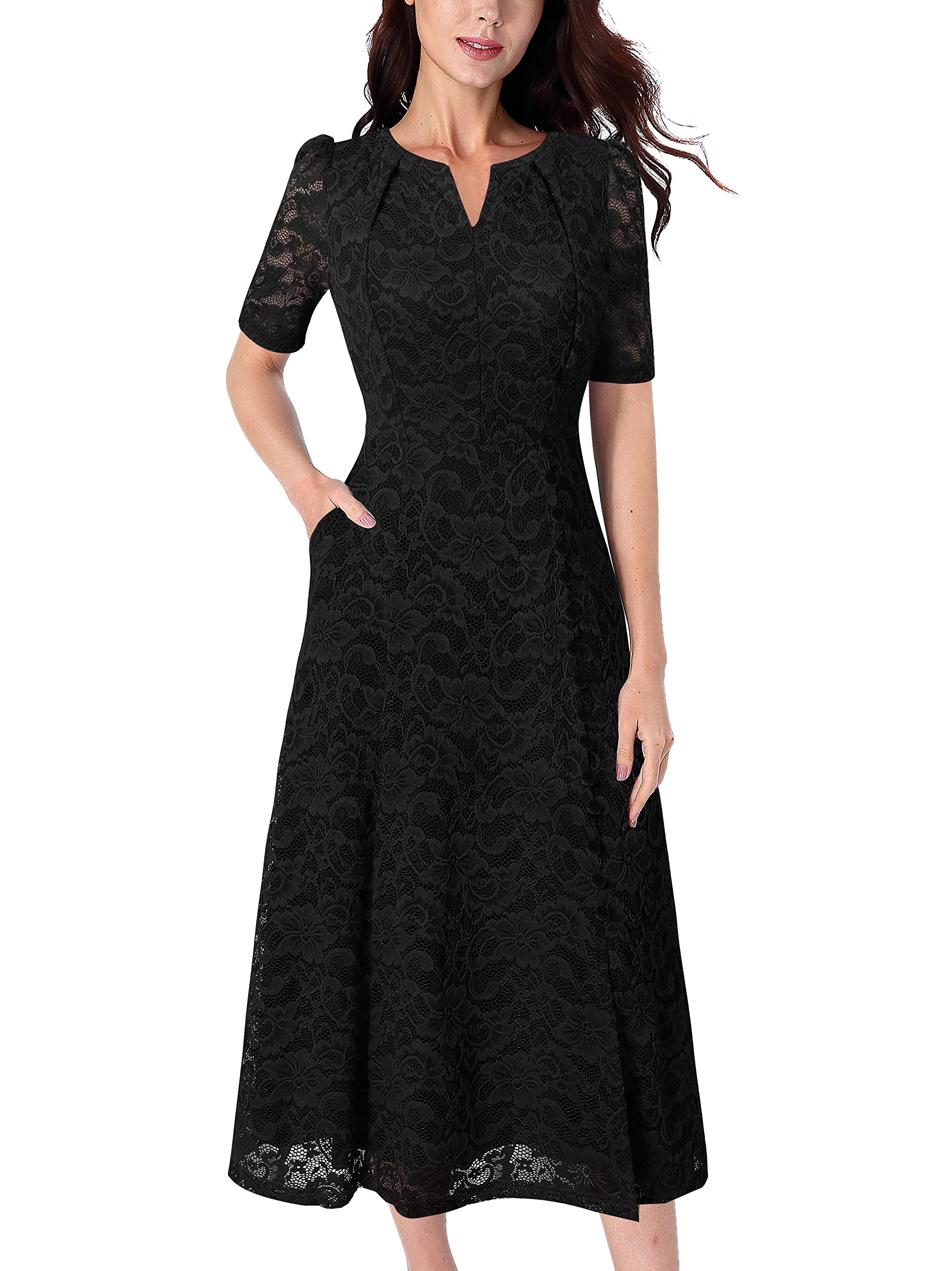 VFSHOW Women Pleated Notch V Neck Pockets Buttons Work Office Business A-Line Midi Dress