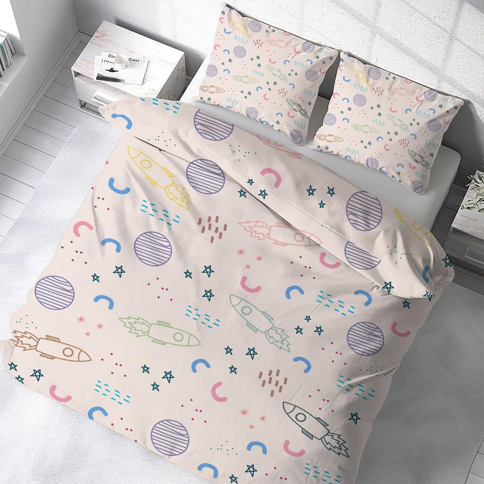 Espacio Funda Nórdica Cama 105 Juego, Reversible Microfibra Juegos Cama Dibujo Cartoon Funda Edredon 180×220 y 2 Fundas 50x75, con Cremallera, Apto Hombres y Mujeres AP646