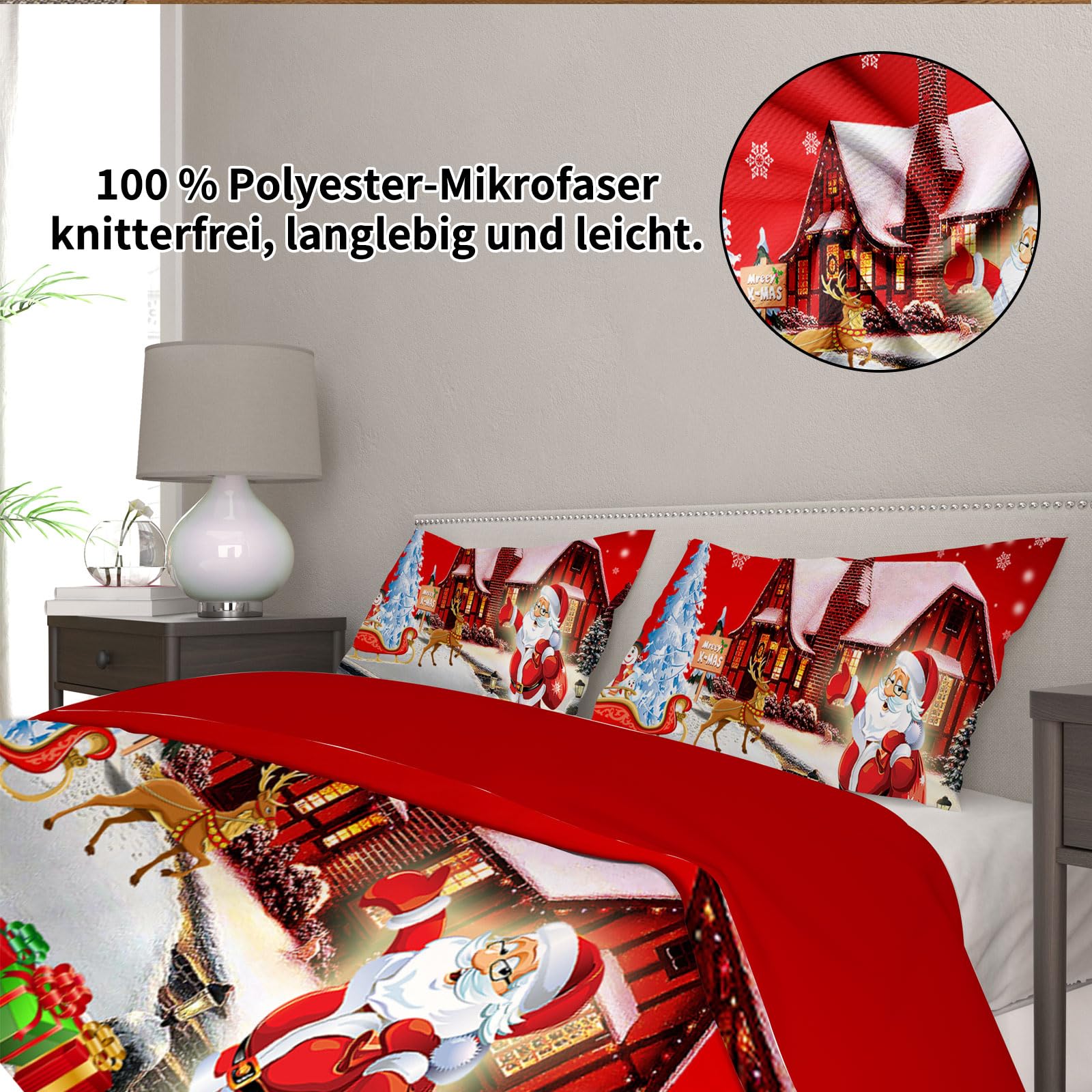 Copripiumino Natalizio Matrimoniale 200x200cm, set di biancheria da letto natalizia 3D con 2 federe, Babbo Natale, albero di Natale, cervo, regalo di Natala per bambini e adolescenti (D, 200x200cm)