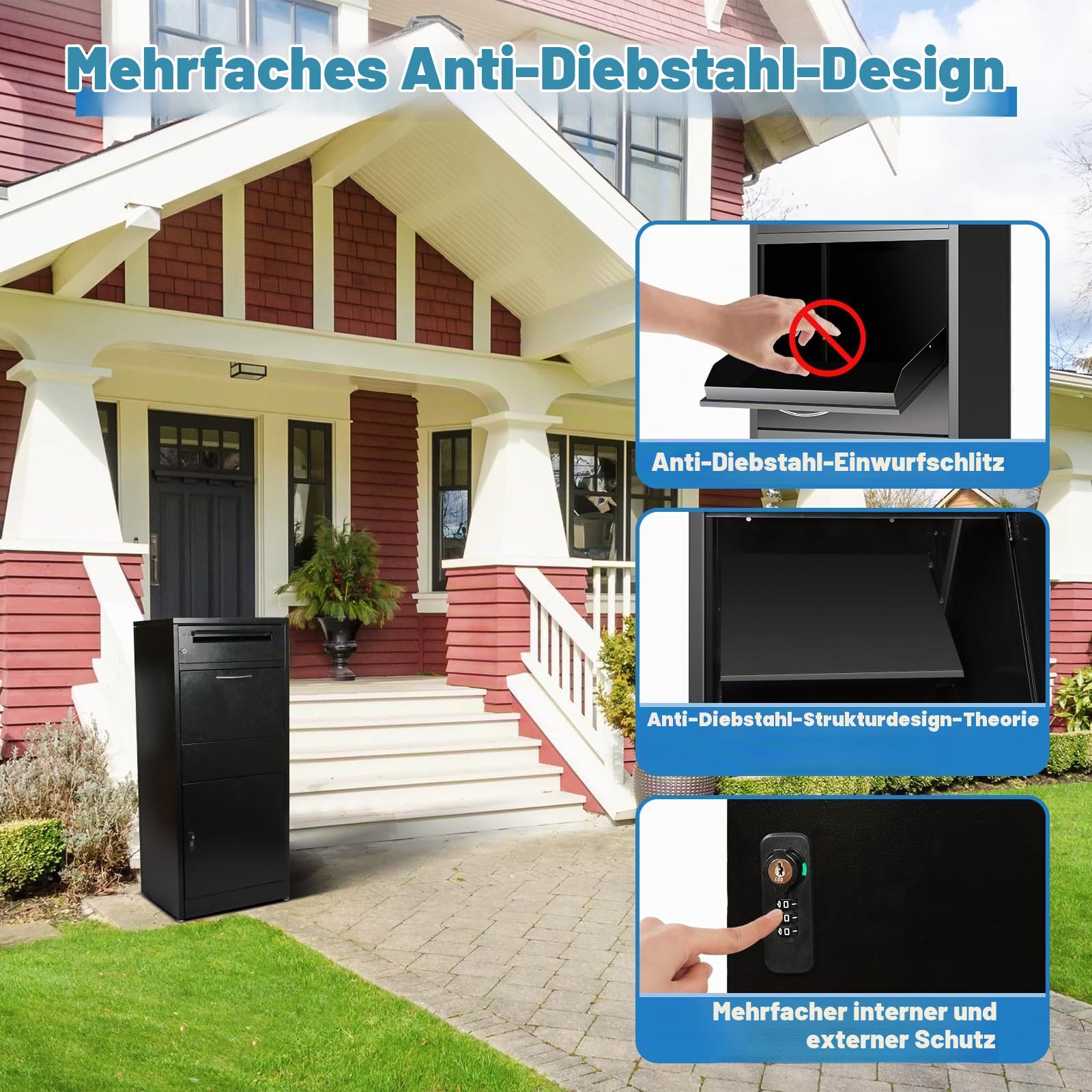 Briefkasten Paketbox für Außen, Großer Paketkasten mit Zahlenschloss, Stahl Edelstahl Briefkasten, Paketbriefkasten mit Wasserdichter & Diebstahlsicherer Funktion(50 * 36.5 * 114cm)