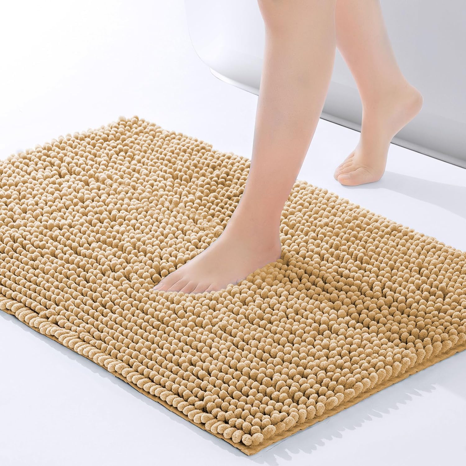 Hafaa Bath Mat Non Slip Anti Mould – Beige Chenille Bathroom Mat 50 x 80 cm Machine Washable Bath mats Super Absorbent Extra Soft Fluffy Shower mat