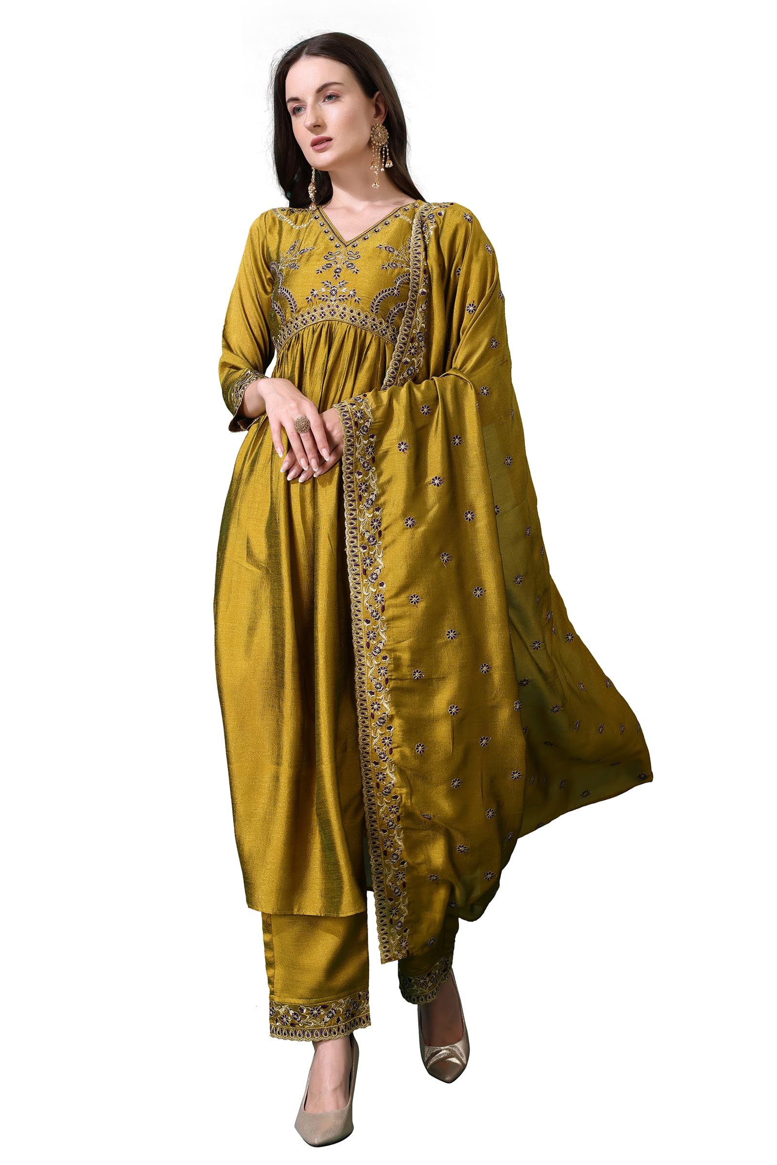 Pratham Blue Women's Silk Embroidered Anarkali Kurta Palazzos With Dupatta |Kurta Set For Women |Women Kurta |Women Embroidered Kurta Sets Kurtis (Bkp-1010-S_Yellow)