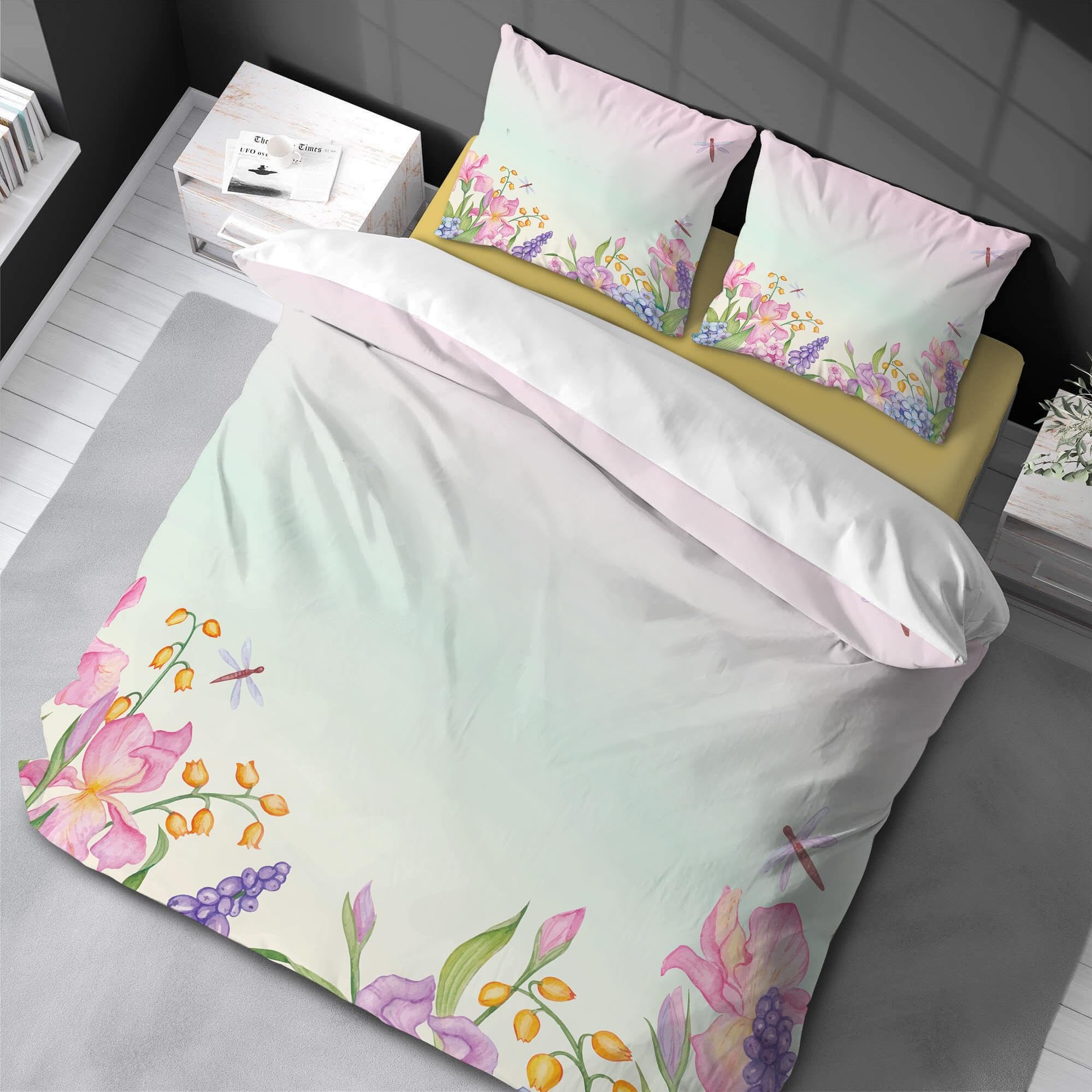 Parure de lit floral pour grand lit avec housse de couette zippée et deux taies assorties