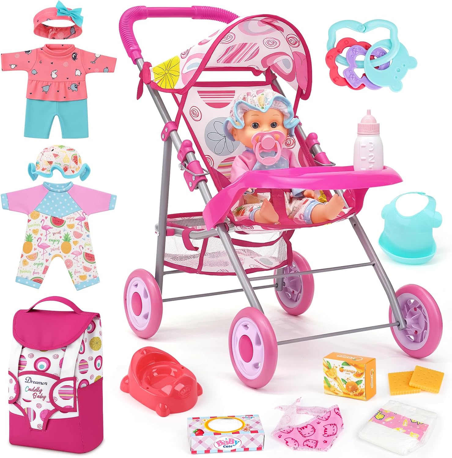 Baby Doll Stroller Set with 12.5″ Doll, Baby Dining Table, Backpack with Carrier, 21 PCS Baby Doll Accessories Stroller Toys, 2 Sets Doll Clothes, Feeding Set Girls Toddlers Gifts for Pretend Play Baby Doll Stroller Set with 12.5″ Doll, Baby Dining Table, Backpack with Carrier, 21 PCS Baby Doll Accessories Stroller Toys, 2 Sets Doll Clothes, Feeding Set Girls Toddlers Gifts for Pretend Play