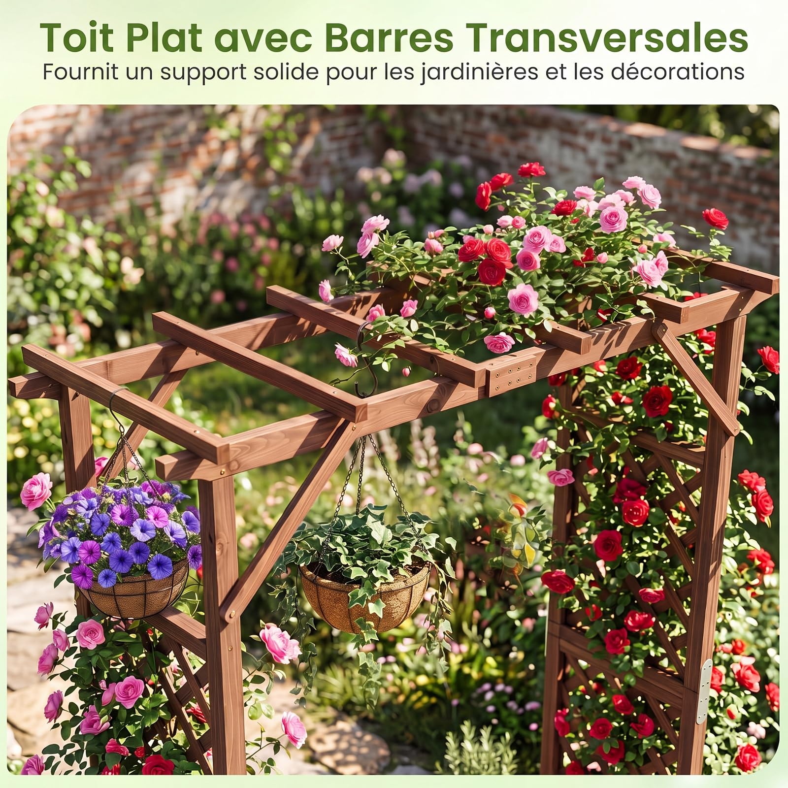 COSTWAY Arche de Jardin en Bois de Sapin, avec 2 Bacs à Fleurs | Pergola Extérieur Toit Suspensions, Treillis Latéral pour Plantes Grimpantes, Décoration Entrée Patio, 208 x 55 x 220 cm