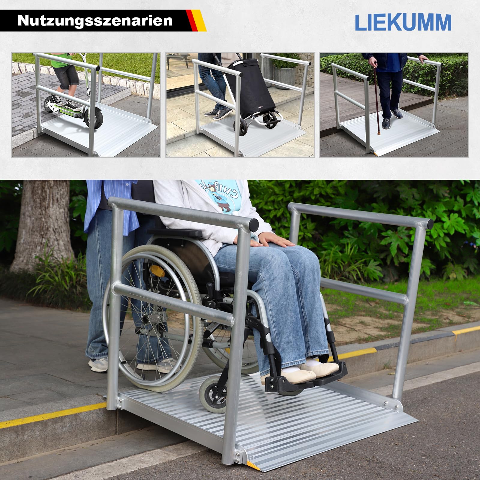 LIEKUMM Rollstuhlrampe mit Handläufen Alu, 91 cm lang Türschwellenrampe | Rampe Rollstuhl Extra Breite, rutschfest Schwellenrampe Für Bordsteinkanten, Scooter, Rollatoren , max. 23 cm Schwellenhöhe