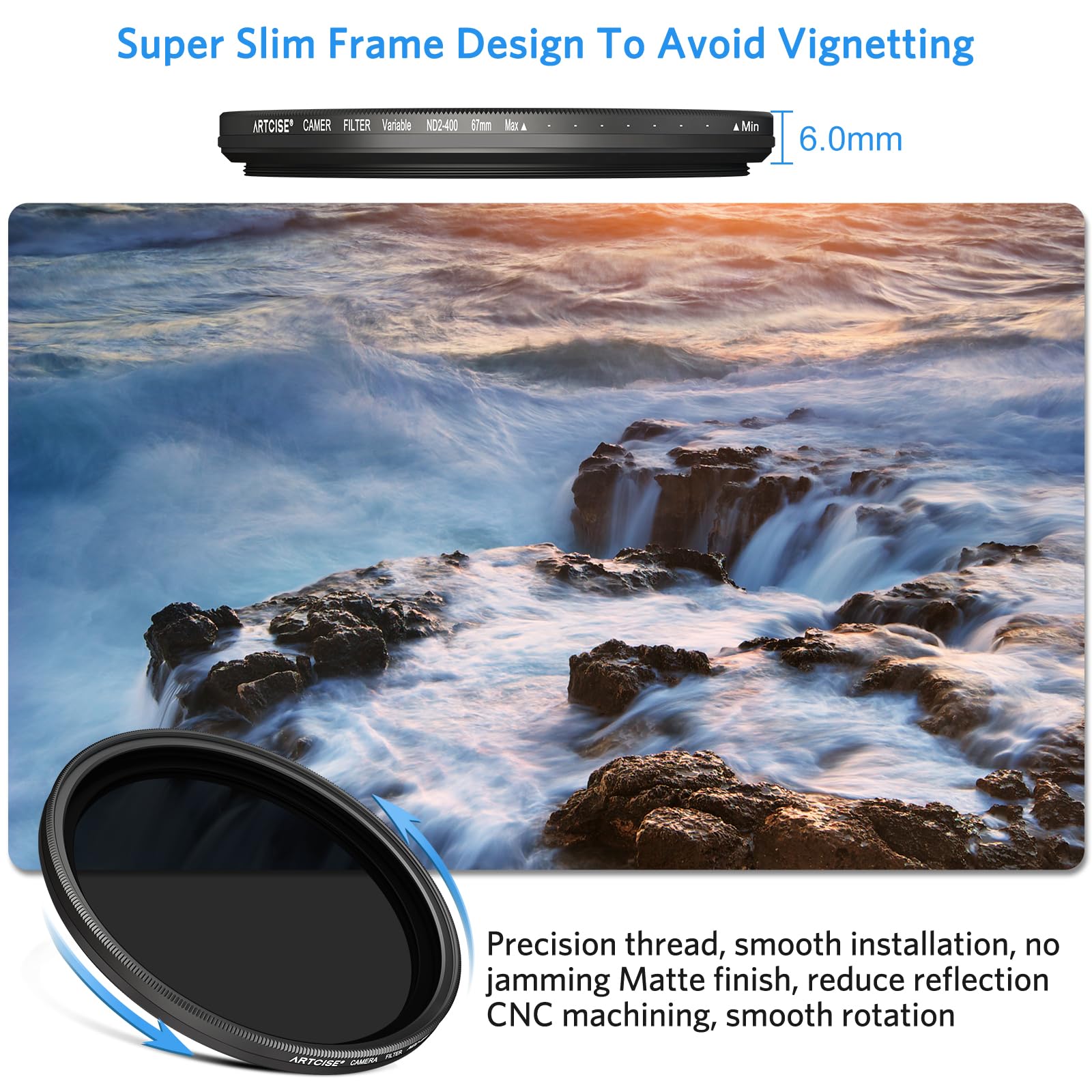 ARTCISE Filtre ND Variable 49 mm Ultra Mince ND2-ND400 HD Réglable Fader Filtres à densité Neutre pour Objectif