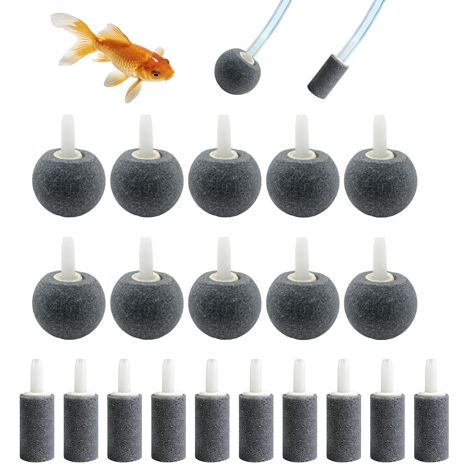 20 Stück Aquarium Luftstein Sauerstoffsteinscheibe Zylinderförmig und Kugelförmig Form des Steins Sauerstoff Diffusor für Luftpumpen,Eimer,Hydropnik,Kleine Teiche(15 mm, 28 mm)