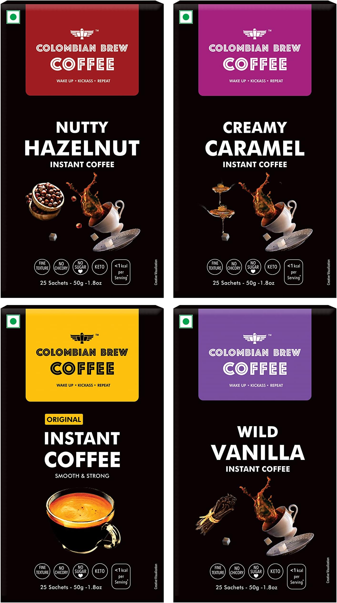 Colombian Brew Hazelnut 50g, Caramel 50g, Vanilla 50g, Pure Instant Coffee Powder 50g, No Sugar (Gift Pack Box ) 3+1