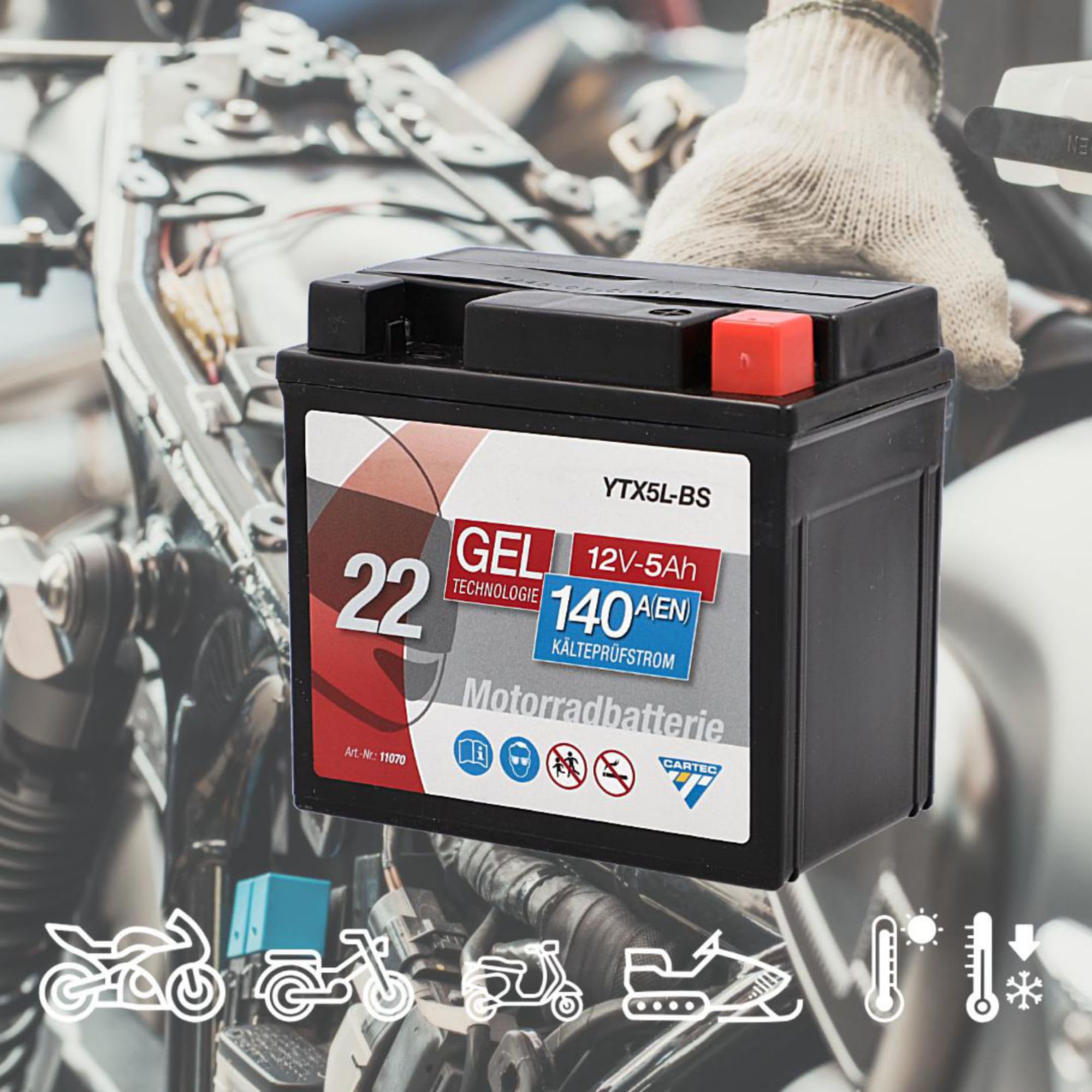 CARTEC Akumulator motocyklowy YTX5L-BS, 5 Ah, 140 A, technologia żelowa, jakość OEM, odporny na cykl, możliwość przechowywania, bezobsługowy, czarny