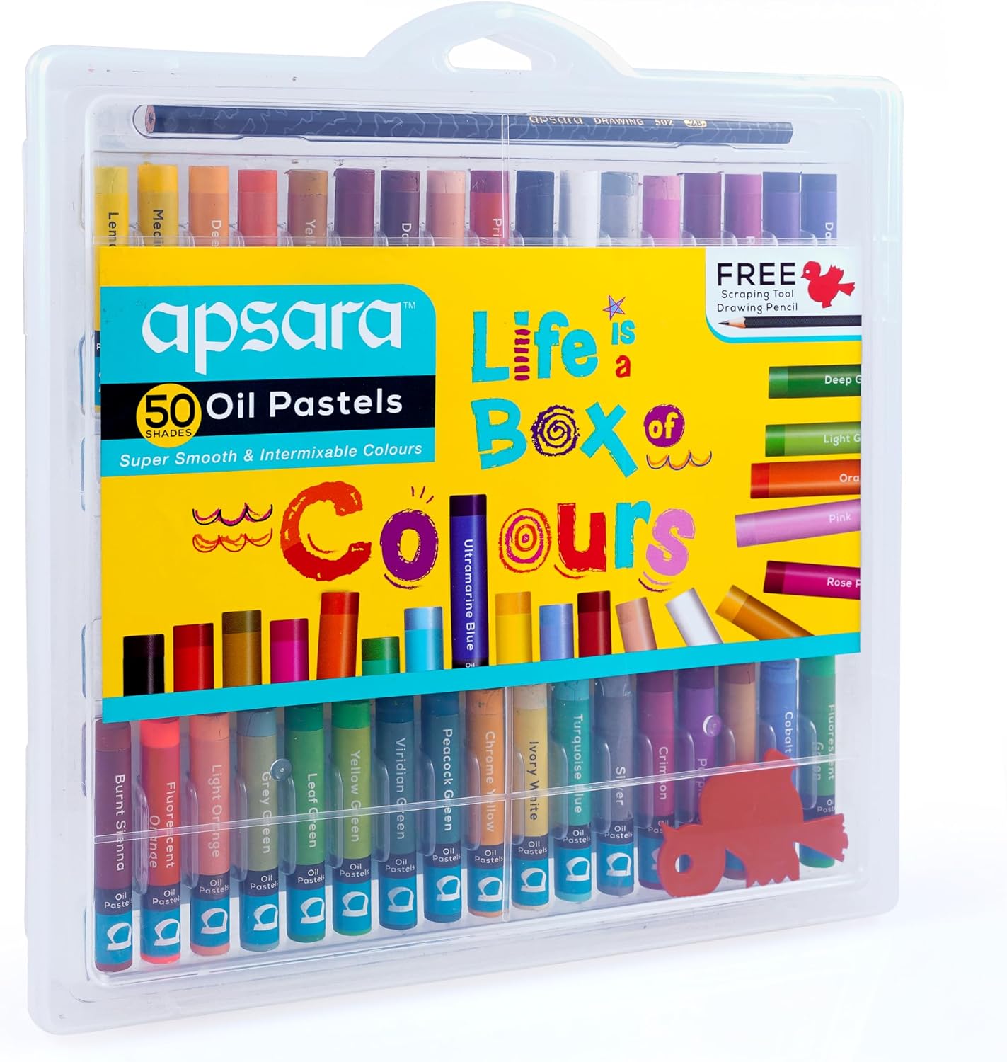 Apsara Oil Pastels 50 Shades | Smooth Color Mixing for Better Effect | Brilliant Colors | Round Shape | Non-Toxic & Child Safe | 1 Pack Plastic Box