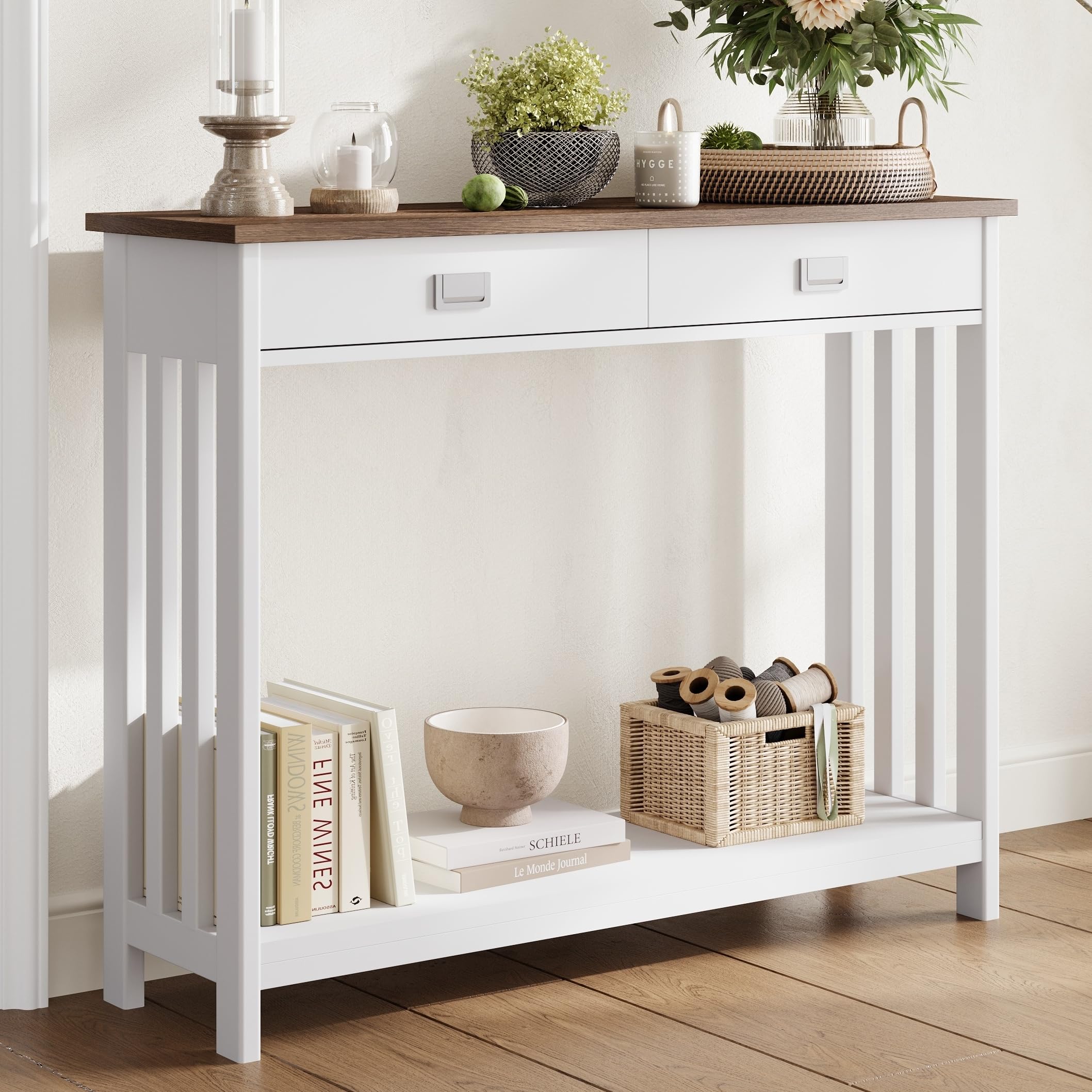 ChooChoo Farmhouse Long Entryway Table with Drawer, Mission Narrow Console Sofa Table with Storage, for Entryway,Living Room and Hallway, 47 Soft