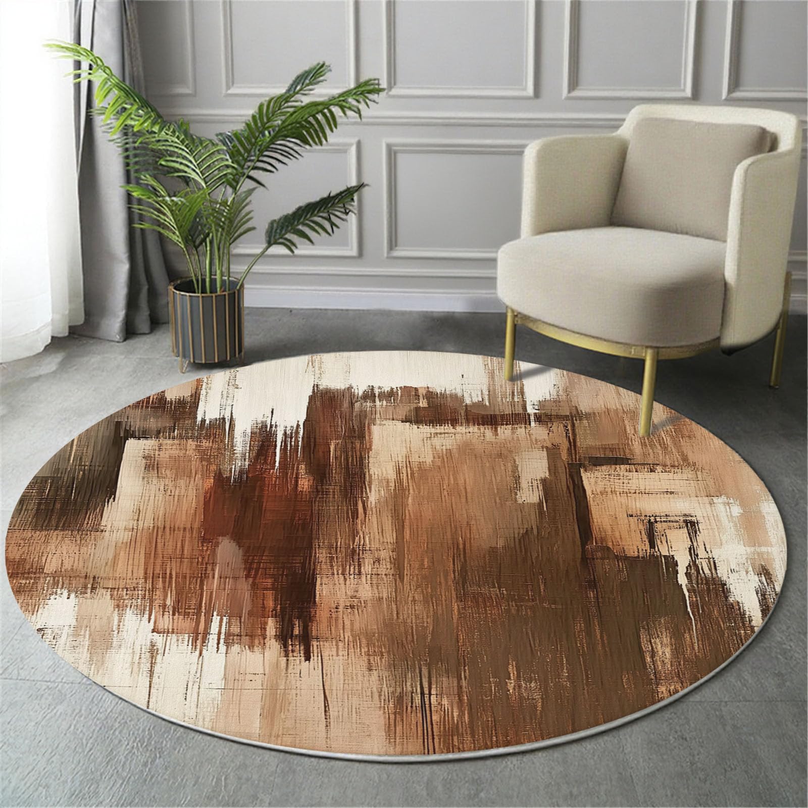 Tapis rond 200cm brun lavable pour salon et grande chambre