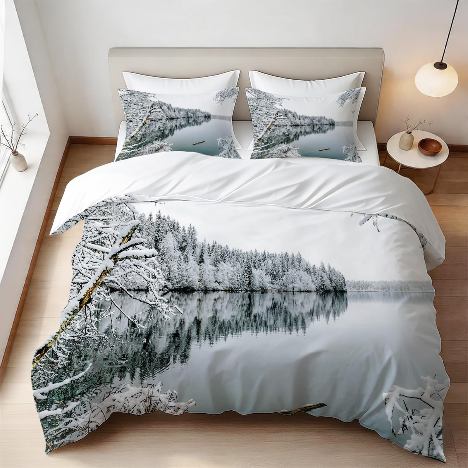 Parure de lit scène d'hiver enneigée pour un grand lit cocooning