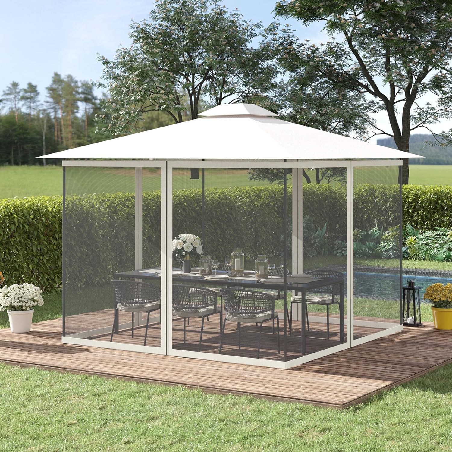 Zanzariera universale per gazebo 3 x 3 m, 4 pannelli per porte scorrevoli, protezione da insetti per esterni, copertura da giardino, impermeabile, 305 x 305 x 220 cm, perfetta per l'estate