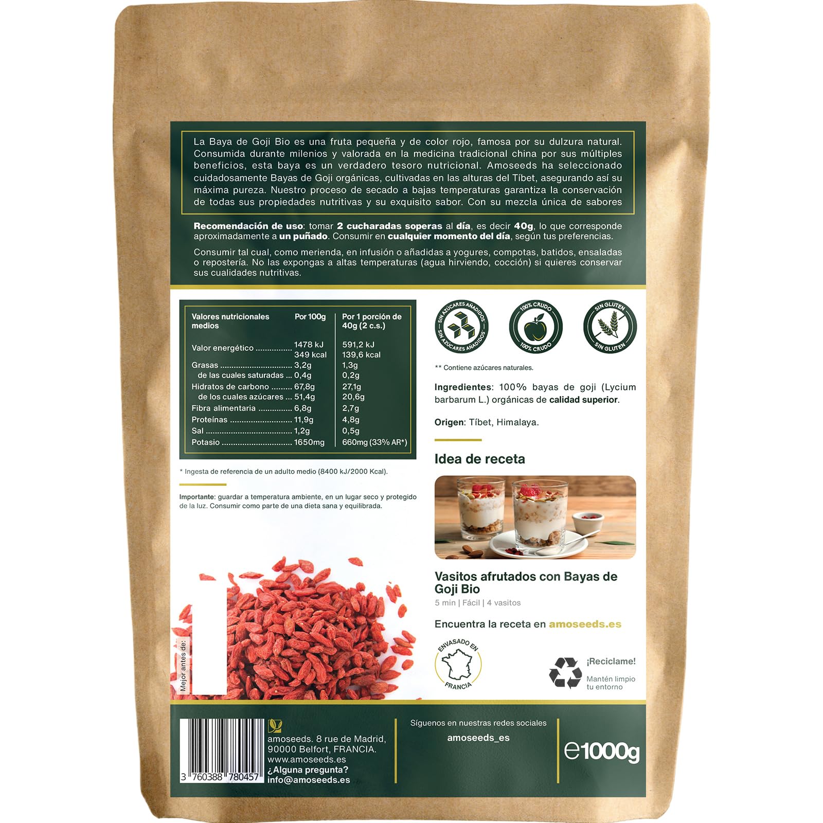 Bayas de Goji BIO | Sin Azúcares Añadidos, 100% Orgánicas | Bayas deshidratadas | Primera Calidad