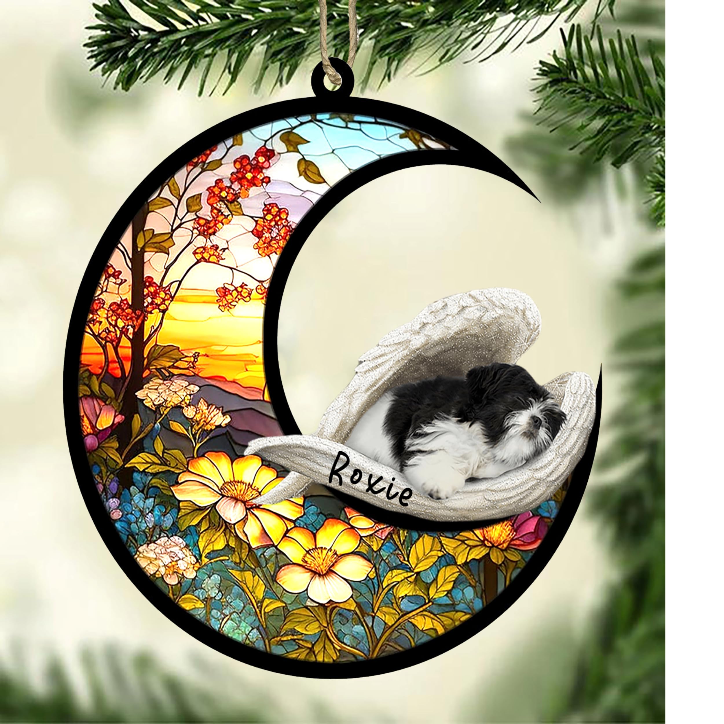 Personalized Shih tzu(Black and White) Dog Memorial Suncatcher, Shih tzu(Black and White) Christmas with Name, Pet Loss Catcher, Gifts for Loss of Dog, Shih tzu(Black and White) Sleep on Haven