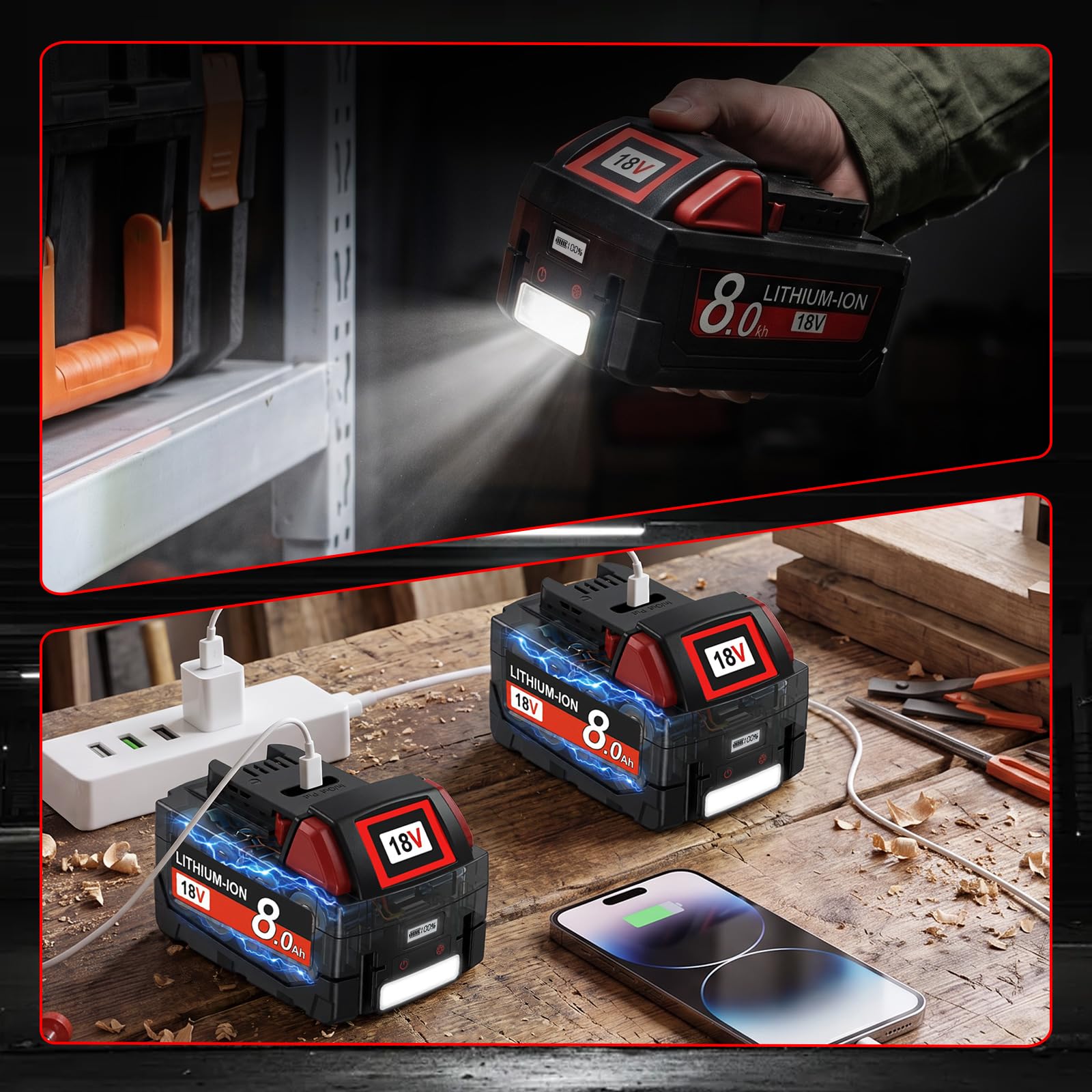 8.0Ah 18V Batterie pour Milwaukee M18, Port USB‑C PD 65W, Écran LCD