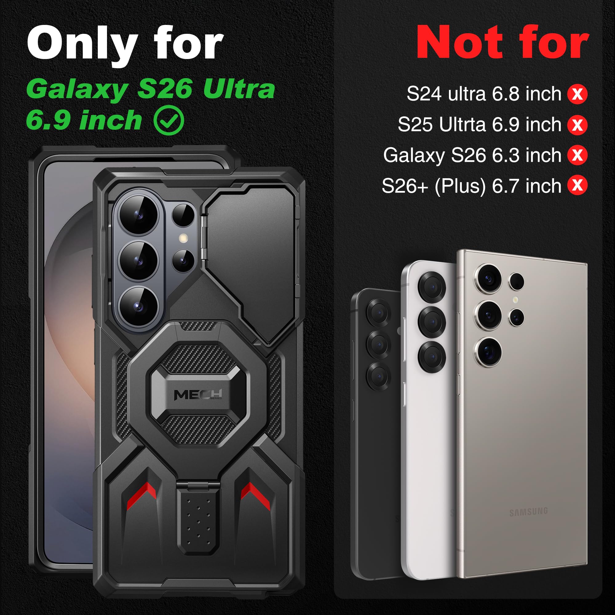 TONGATE Etui ze stojakiem magnetycznym do Samsung Galaxy S26 Ultra, czarne, kompatybilne z MagSafe, z osłoną aparatu, 2 ramkami przednimi, folią ochronną i klipsem do paska