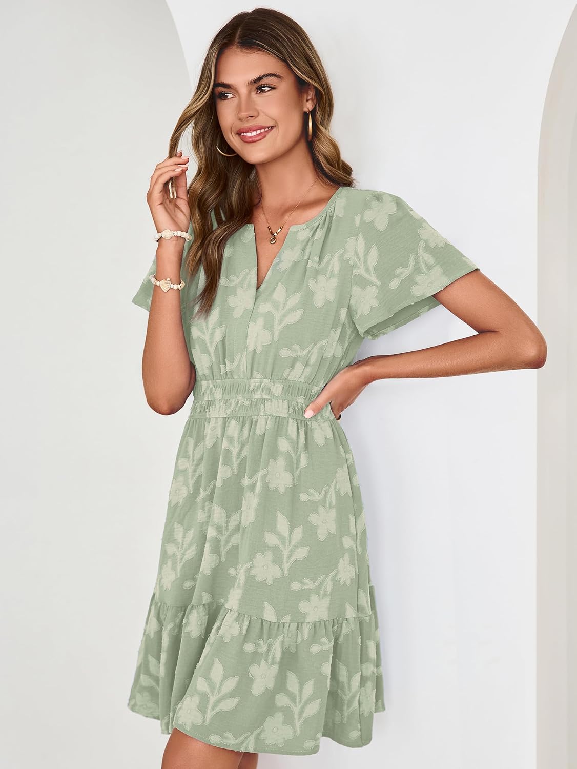 Simplee Womens Summer Floral Dress Casual Short Sleeve V Neck Empire Waist Boho Flowy A Line Mini Wedding Guest Dresses - Image 3