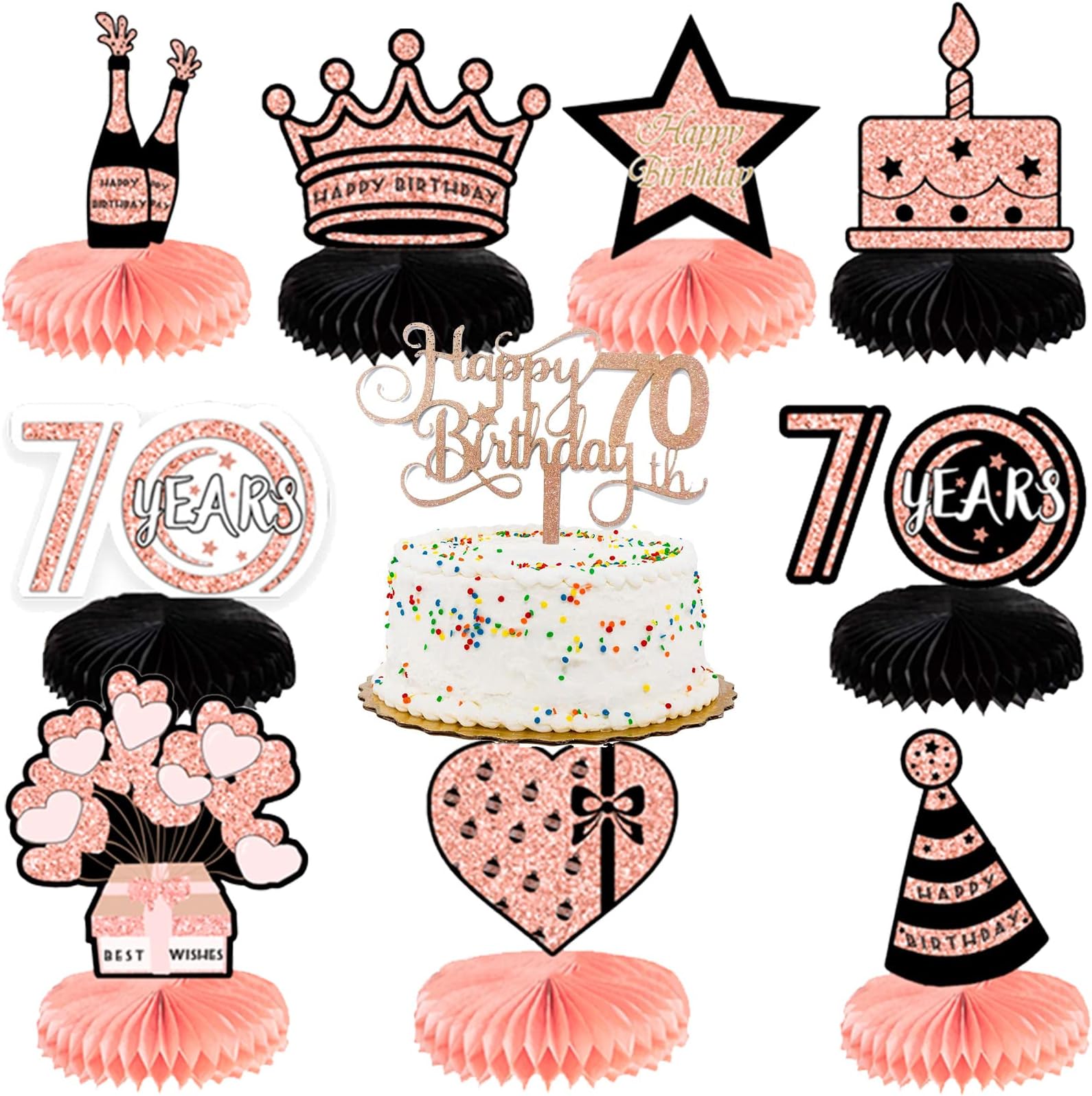 70th Birthday Honeycomb Centerpieces, 10 Pieces Birthday Table Centerpiece with Happy 70th Birthday Cake Topper, Black Rose Gold Table Topper Decorations for Women Cheers to 70 Years Birthday Party