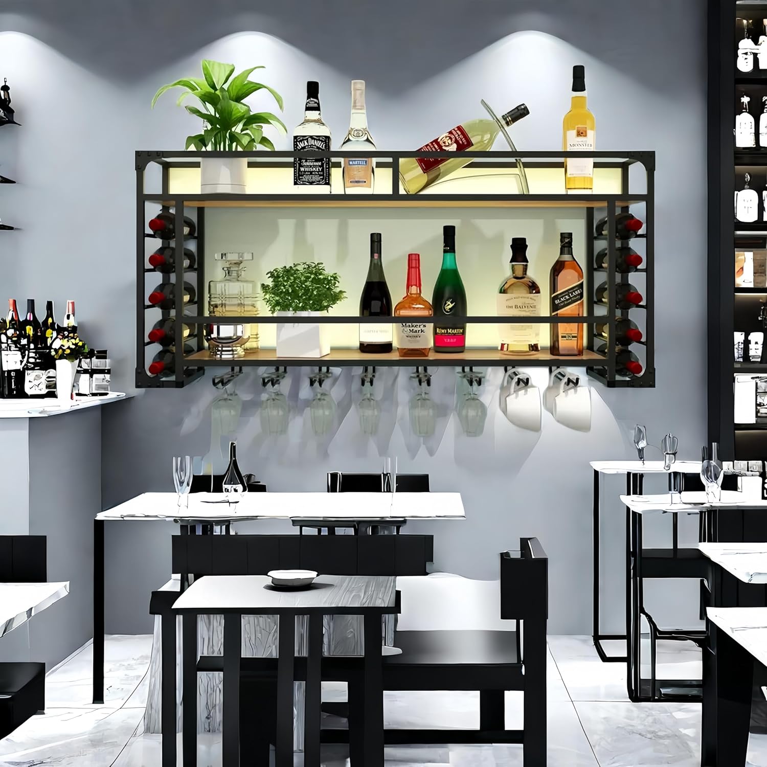 39 Inch Metal Wall Mounted Wine Rack, Modern Wooden Liquor Bar Shelves Wall Mounted with Glass Holder, Multifunctional Wine Storage Display Rack for Home Bar, Dining Room, Black