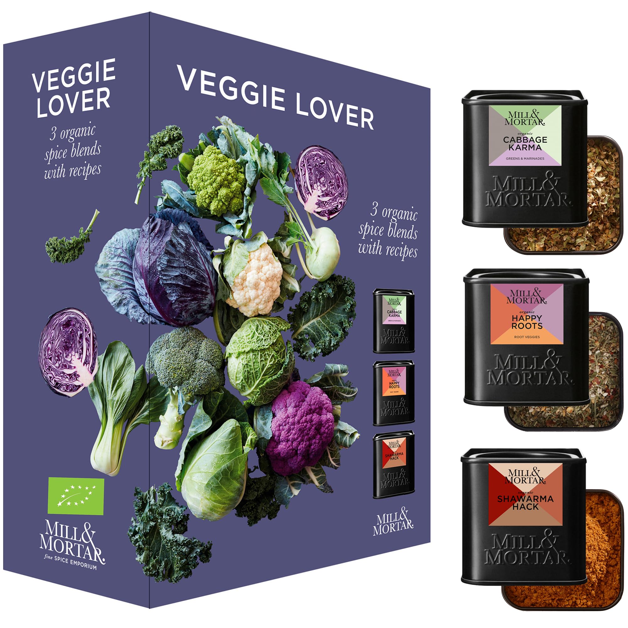 Mill & Mortar Veggie Lover Gewürz Geschenkset, 3 Bio-Mischungen ohne Salz | Cabbage Karma, Happy Roots, Shawarma Hack, mit Rezeptkarten, für Kohl, Wurzelgemüse & Bowls, für Frauen & Männer