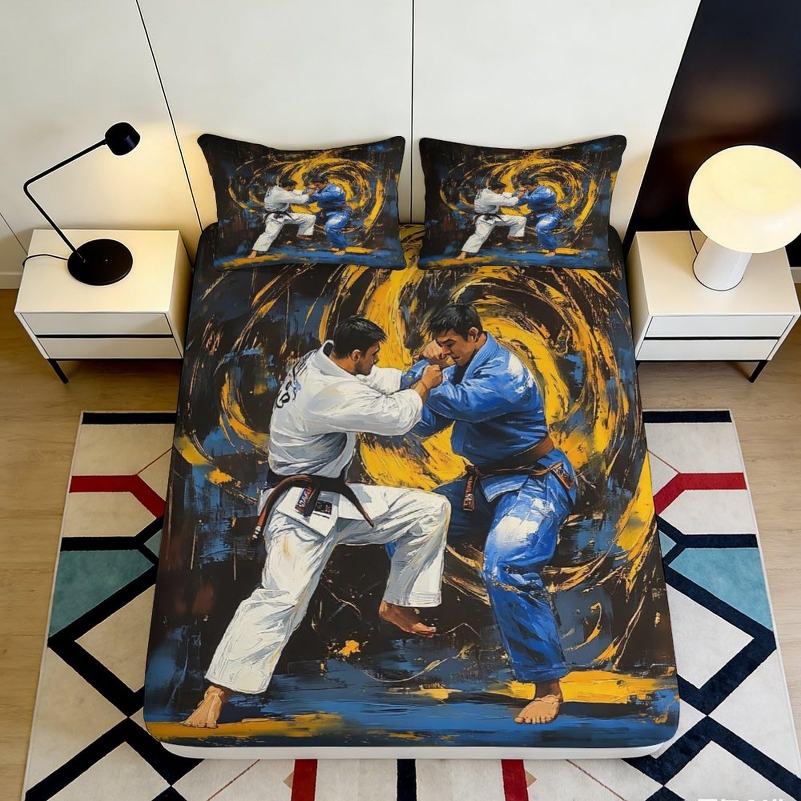3D Printed Judo Fight Fitted Sheet Microfiber Non-slip Martial Arts Bed Cover for Bedroom Dorm Mattress Decor 90x200x25cm